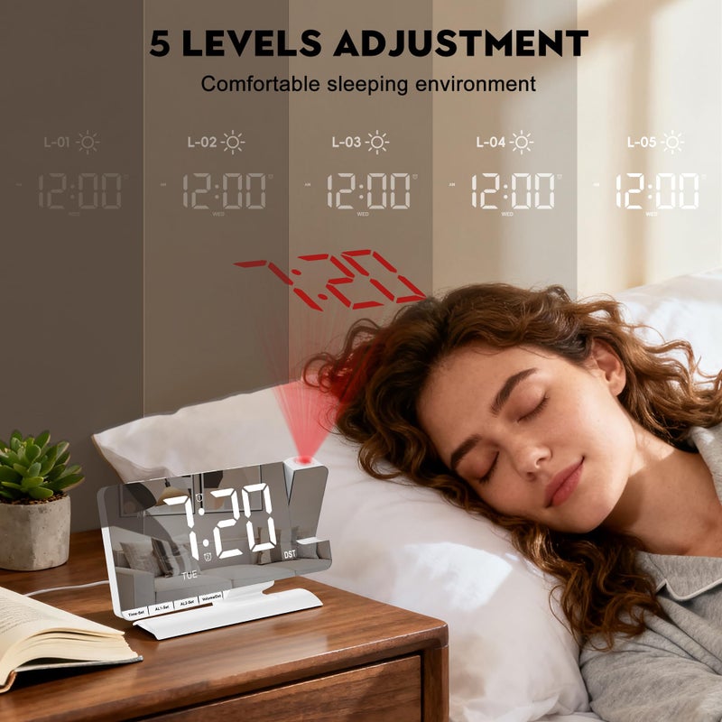 SZELAM Digital Clock,Alarm Clock Bedside with Projection,7.3" Mirror Clock with 180Â°Rotating Projector,Dual Alarm with 3 Mode,Brightnee Adjust,DST,Snooze,Charging Port,5 Levels Volume for Desk Teens - Image 3