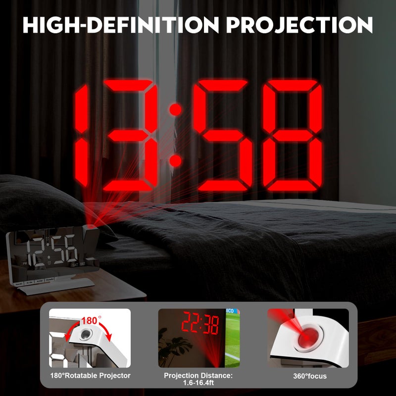 SZELAM Digital Clock,Alarm Clock Bedside with Projection,7.3" Mirror Clock with 180Â°Rotating Projector,Dual Alarm with 3 Mode,Brightnee Adjust,DST,Snooze,Charging Port,5 Levels Volume for Desk Teens - Image 5