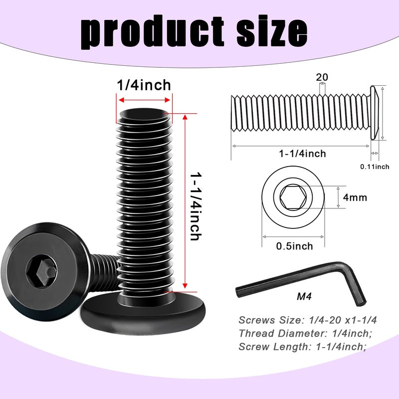 Taiss 25pcs 1/4-20 x 1-1/4" Flat Head Socket Head Screw,Furniture Bolts,Furniture Screws 304 Stainless Steel,1/4 Bolts Black Zinc Plated Fully Threaded,Countersunk Connector Screws with Hex Spanner - Image 2