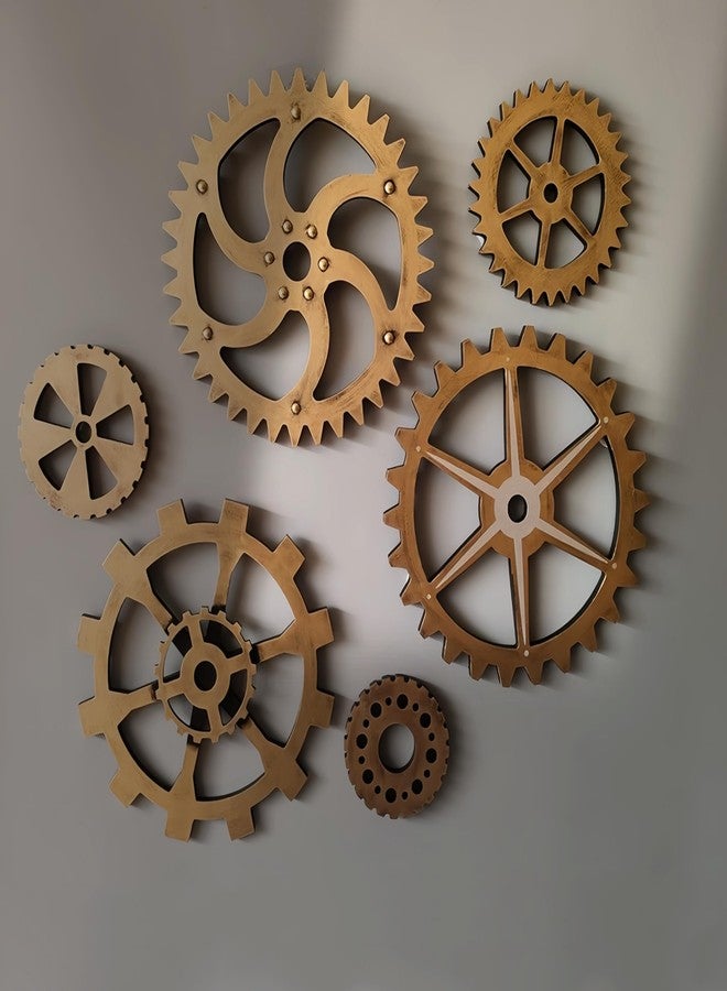 AMQUAL 6 Piece Extra Large Vintage Wooden Gears Wooden Gears Wheels with Rustic Metal Look - Industrial Style Wall Decor Set for Home, Bar, Cafe, and DIY Crafts - Image 1