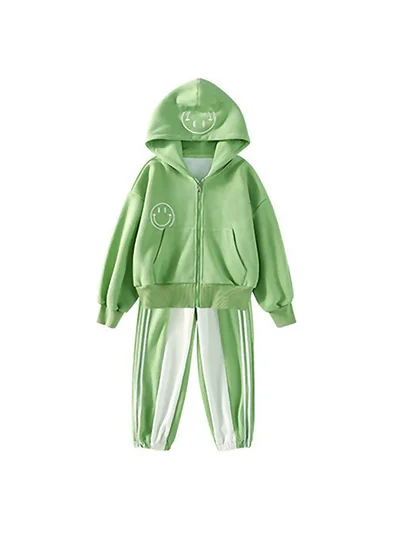LITTLE SURPRISE BOX Casual Smiley Green & White Stripes 2Pcs Track Suit Set For Kids & Tweens