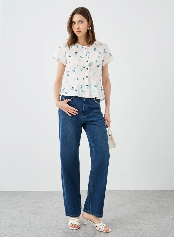 تايك تو Take Two Floral Print Buttoned Short Sleeve Blouse