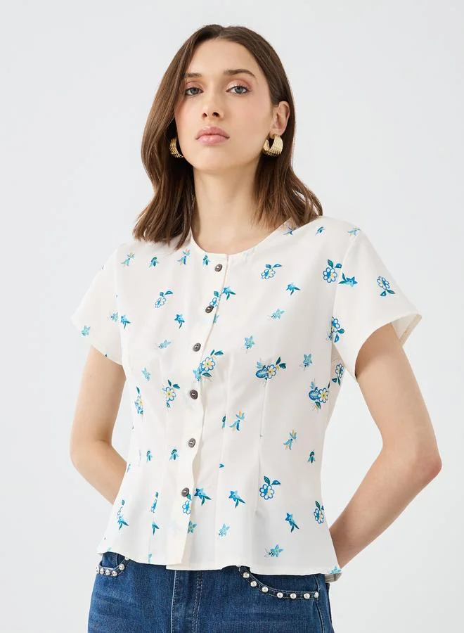 تايك تو Take Two Floral Print Buttoned Short Sleeve Blouse