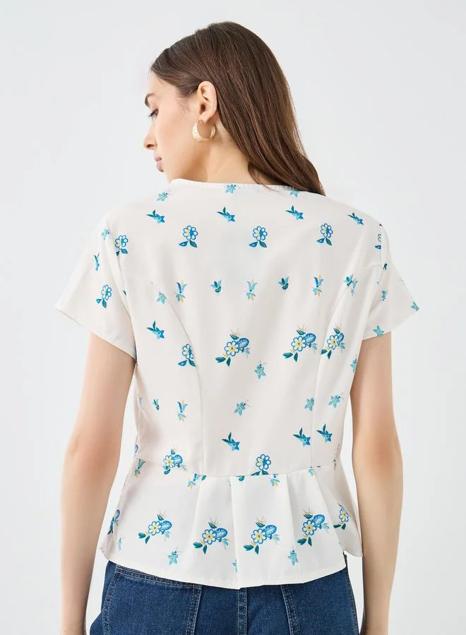 Take Two Take Two Floral Print Buttoned Short Sleeve Blouse