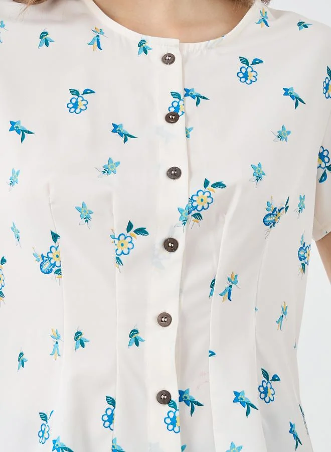 Take Two Take Two Floral Print Buttoned Short Sleeve Blouse