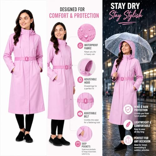 Krystle Women's Full-Length Raincoat with Adjustable Belt - Waterproof, Lightweight, and Stylish (Pink,XXLarge) - Image 5