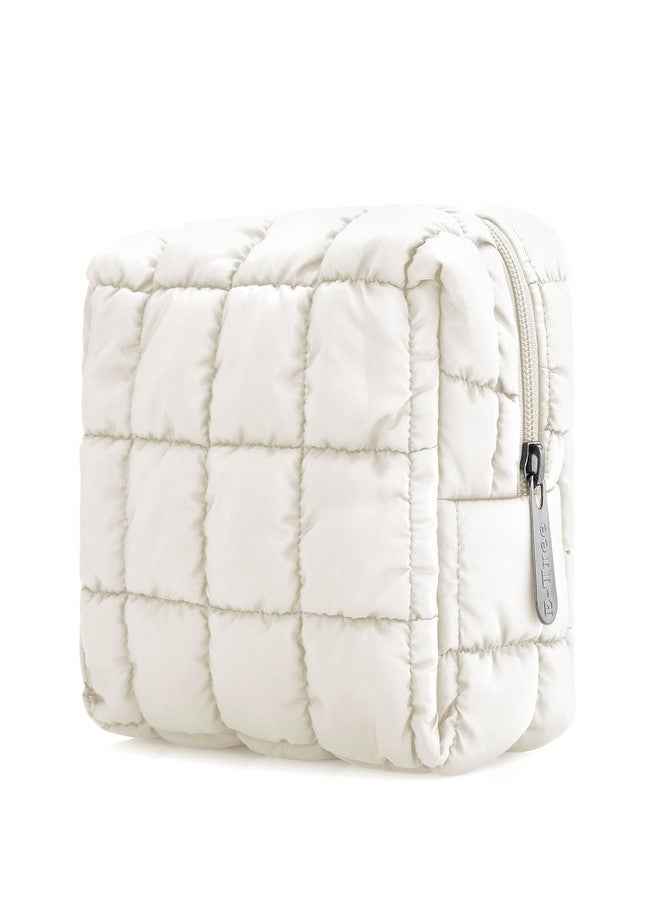 E-Tree Cute Makeup Bag,Quilted Cosmetic Bag,Make up Pouch for Purse,Toiletry Zipper Pouch,Checkered Bag,Travel Case,Storage Pouches for Organization (Beige, 7.5“ x 5.5” x 3.5“) - Image 1