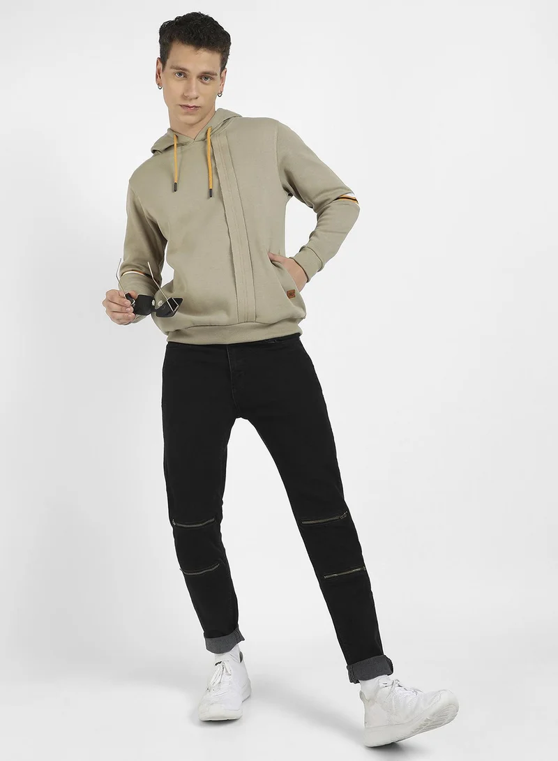Campus Sutra Men's Light Olive Panel-Sew Pullover Hoodie