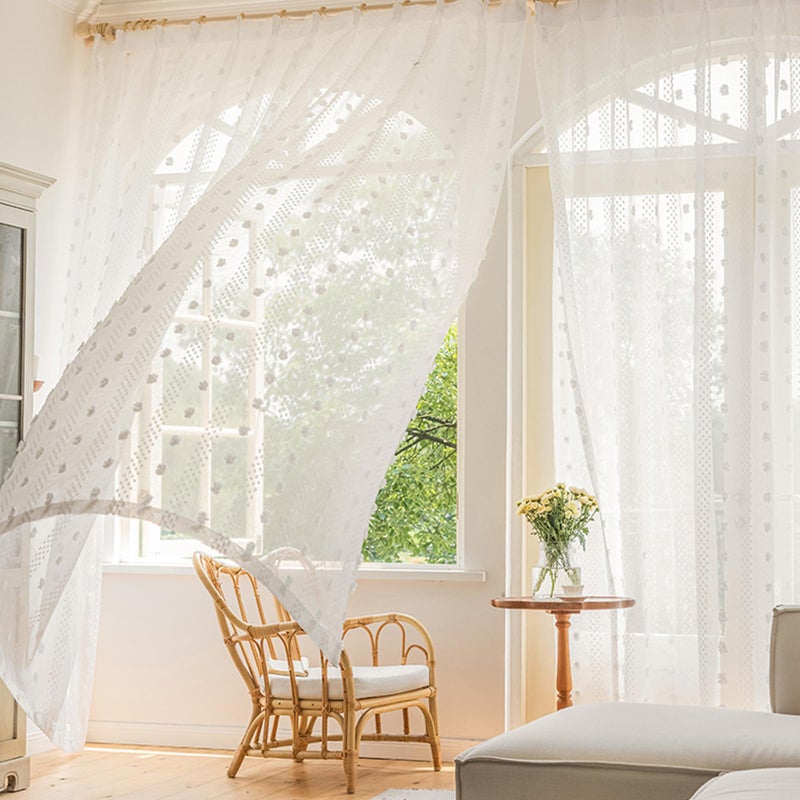 ColorBird White Sheer Pom Pom Curtains Spring Decor 84 Inches Long 2 Panels Set for Living Room, Boho Style Cute Nursery Curtains, Light Filtering Privacy Rod Pocket Drapes for Bedroom Dining Room - Image 5