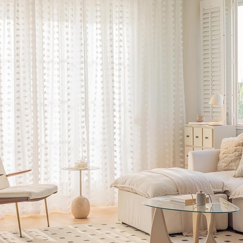 ColorBird White Sheer Pom Pom Curtains Spring Decor 84 Inches Long 2 Panels Set for Living Room, Boho Style Cute Nursery Curtains, Light Filtering Privacy Rod Pocket Drapes for Bedroom Dining Room - Image 4