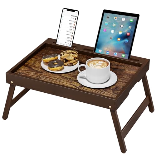 promitop Bamboo Breakfast Tray with Foldable Legs Detachable Stand Ergonomic Handle Portable Bed Tray for Eating Working Laptop Tablet and PhoneVintage Walnut - Image 1