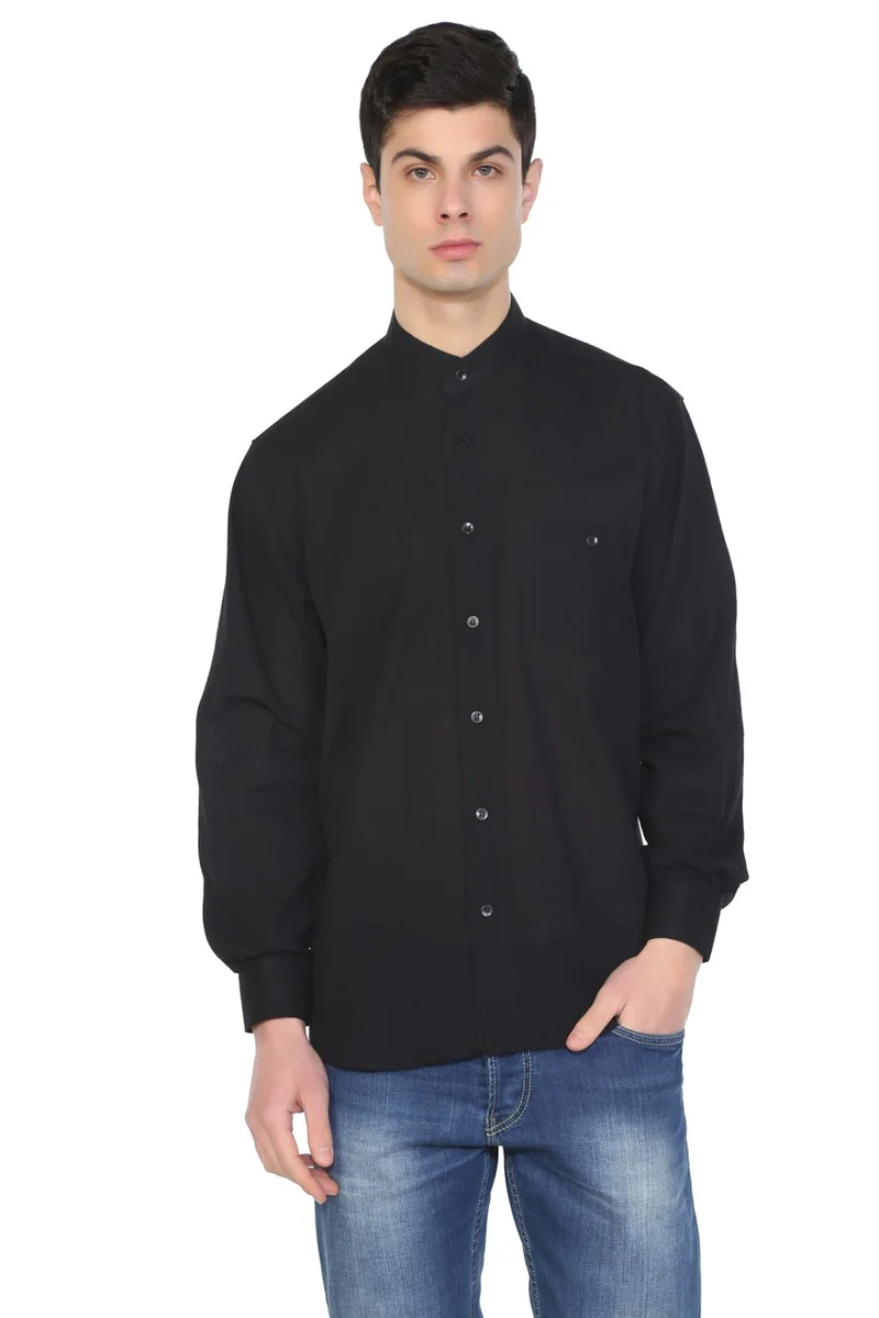 Eliş Şile Bezi Long Sleeve Şile Cloth Classic Collar Single Pocket Men's Shirt Black 3003