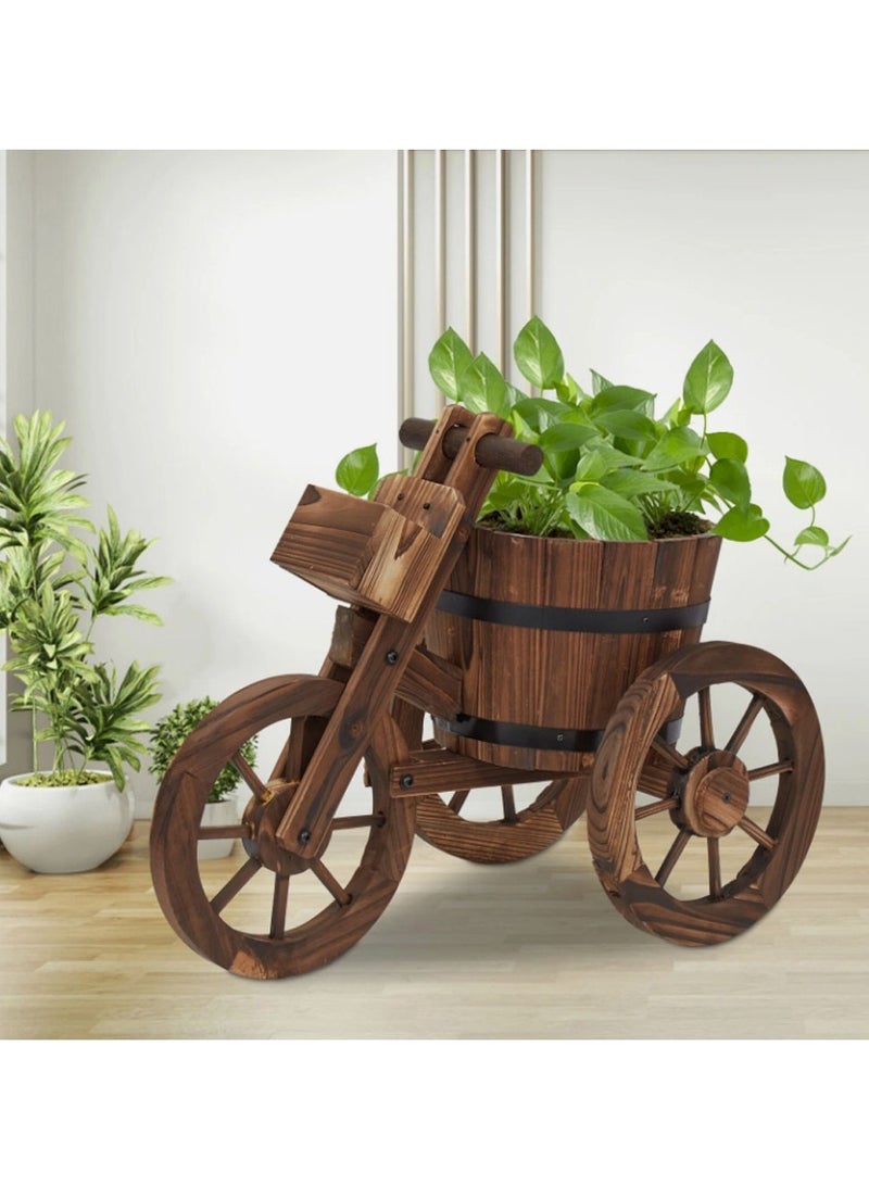 أصيص زهور خشبي على شكل دراجة - تصميم دراجة ثلاثية العجلات ريفي مع برميل كبير وفتحة تصريف و3 عجلات - حامل نباتات خشبي مزخرف للحديقة الداخلية والخارجية والفناء وديكور الشرفة - 66 × 32 × 58 سم - Image 1