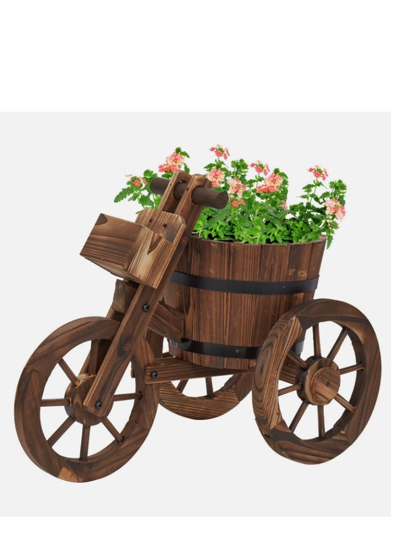 أصيص زهور خشبي على شكل دراجة - تصميم دراجة ثلاثية العجلات ريفي مع برميل كبير وفتحة تصريف و3 عجلات - حامل نباتات خشبي مزخرف للحديقة الداخلية والخارجية والفناء وديكور الشرفة - 66 × 32 × 58 سم - Image 3