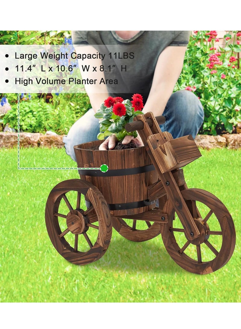 أصيص زهور خشبي على شكل دراجة - تصميم دراجة ثلاثية العجلات ريفي مع برميل كبير وفتحة تصريف و3 عجلات - حامل نباتات خشبي مزخرف للحديقة الداخلية والخارجية والفناء وديكور الشرفة - 66 × 32 × 58 سم - Image 5