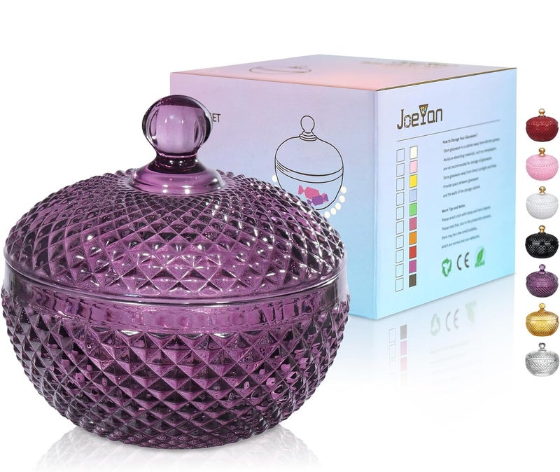 Joeyan 12 oz Small Dark Purple Glass Jars with Lid,Embossed Candy Dishes,Diamond Faceted Food Container,Decorative Jewelry Box Apothecary Canisters,Colored Kitchen Bathroom Buffet Storage Organizer - Image 1