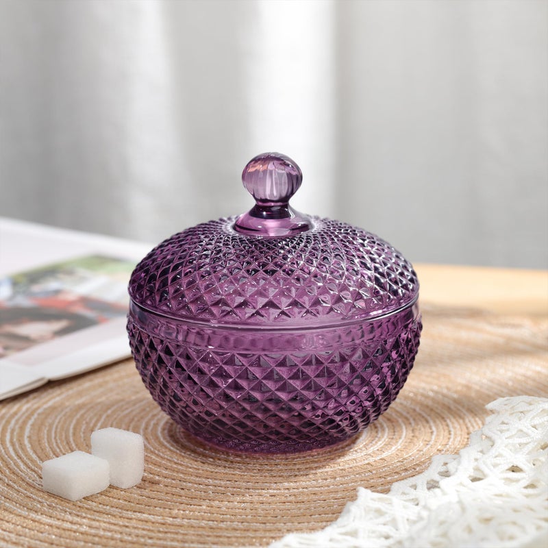 Joeyan 12 oz Small Dark Purple Glass Jars with Lid,Embossed Candy Dishes,Diamond Faceted Food Container,Decorative Jewelry Box Apothecary Canisters,Colored Kitchen Bathroom Buffet Storage Organizer - Image 3