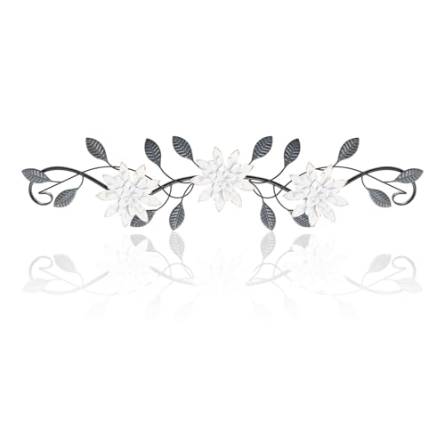 KHJCXS Metal Wall Art Modern Minimalist Metal Flowers Indoor Decor Horizontal Wall Art Iron Artwork,for Over Door,Bedroom,Living Room,Kitchen,Office Scroll Decor (White2) - Image 1