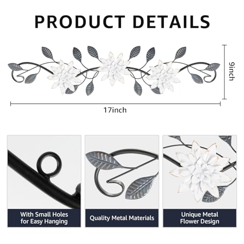 KHJCXS Metal Wall Art Modern Minimalist Metal Flowers Indoor Decor Horizontal Wall Art Iron Artwork,for Over Door,Bedroom,Living Room,Kitchen,Office Scroll Decor (White2) - Image 3