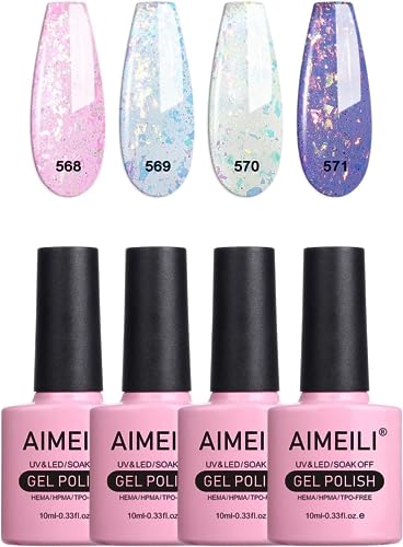 AIMEILI Gel Nail Polish Hema Free 4 Colors Pink Purple Blue Silver Glitter Gel Nail Kit Shining Nails Soak Off Summer Nail Design Nail Lamp Cured Manicure Set for Women Kit Set 32 - Image 1