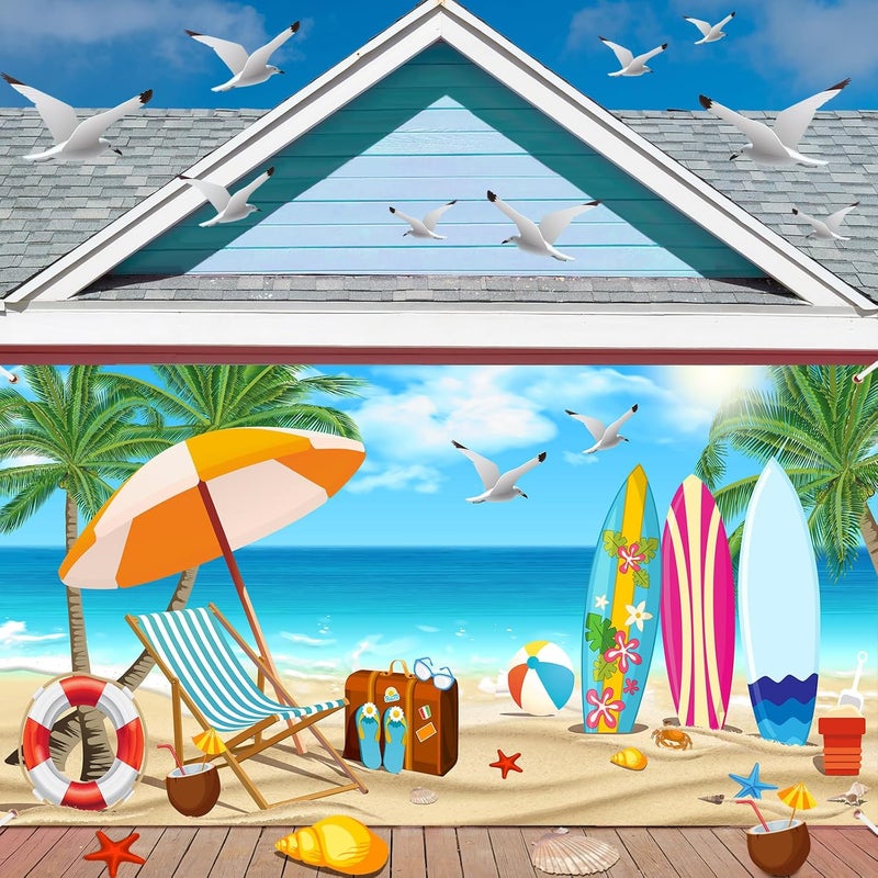 Moukeren Summer Vacation Garage Door Banner 6 x 13 ft Summer Holiday Backdrop Decoration Ocean Beach Large Garage Door Cover for Indoor Outdoor Photography Summer Party Photo Booth Background Hanging Decor  - Image 1