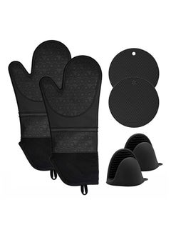 Teuuea Microwave Oven Gloves, Mitts Hot Pad Pot Holder Potholders, Heat Resistant Silicone Waterproof Soft Quilted Lining Extra Long Oven Gloves, for Kitchen Baking Cooking Grilling, Pack of 6 (Black)  - Image 1