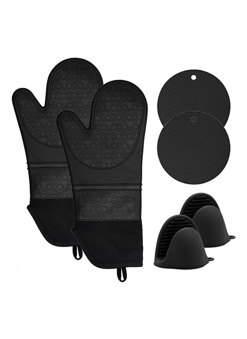 Teuuea Microwave Oven Gloves, Mitts Hot Pad Pot Holder Potholders, Heat Resistant Silicone Waterproof Soft Quilted Lining Extra Long Oven Gloves, for Kitchen Baking Cooking Grilling, Pack of 6 (Black)  - Image 1