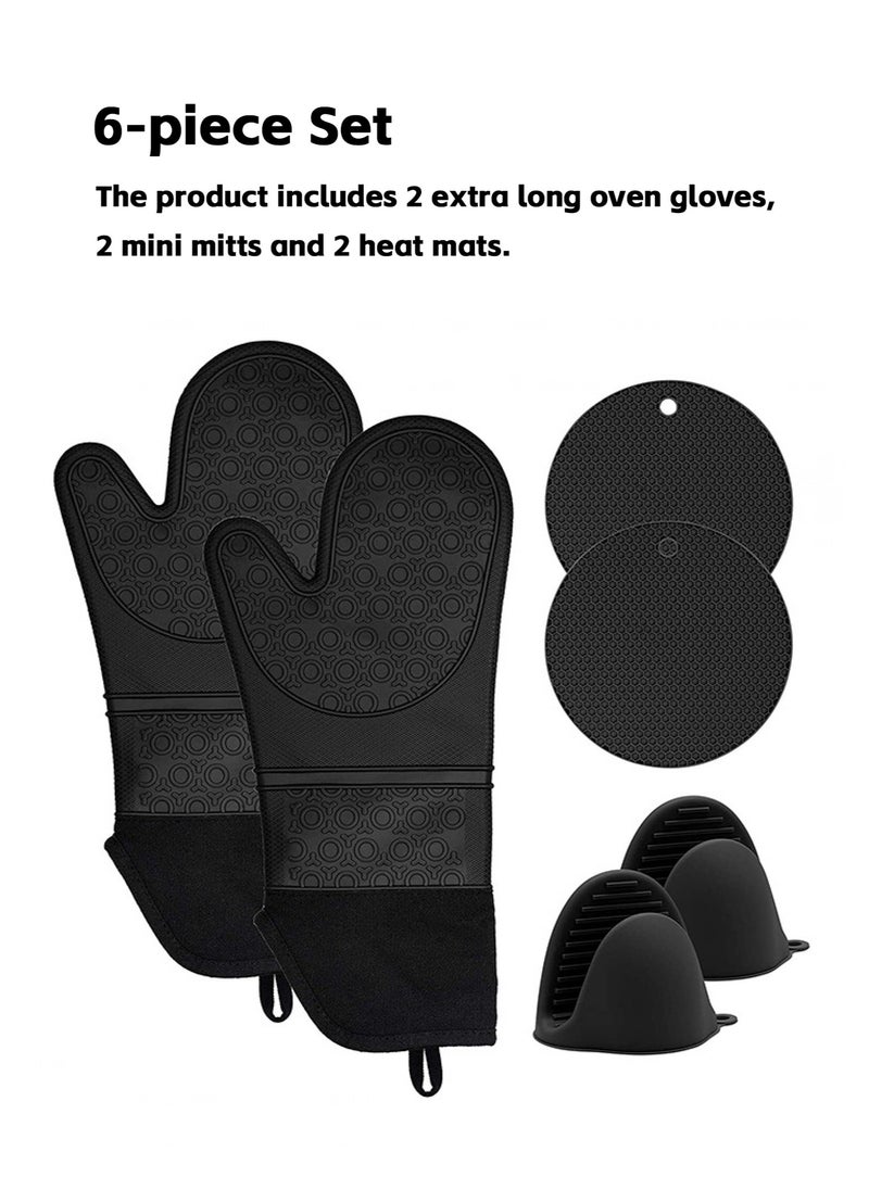 Teuuea Microwave Oven Gloves, Mitts Hot Pad Pot Holder Potholders, Heat Resistant Silicone Waterproof Soft Quilted Lining Extra Long Oven Gloves, for Kitchen Baking Cooking Grilling, Pack of 6 (Black)  - Image 3