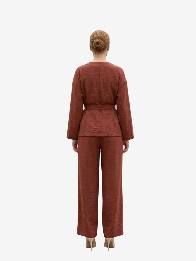 My Fashion Brick Red MY FASHION Belted V-neck Long Sleeve Two-Piece Set for Women | Best Price UAE