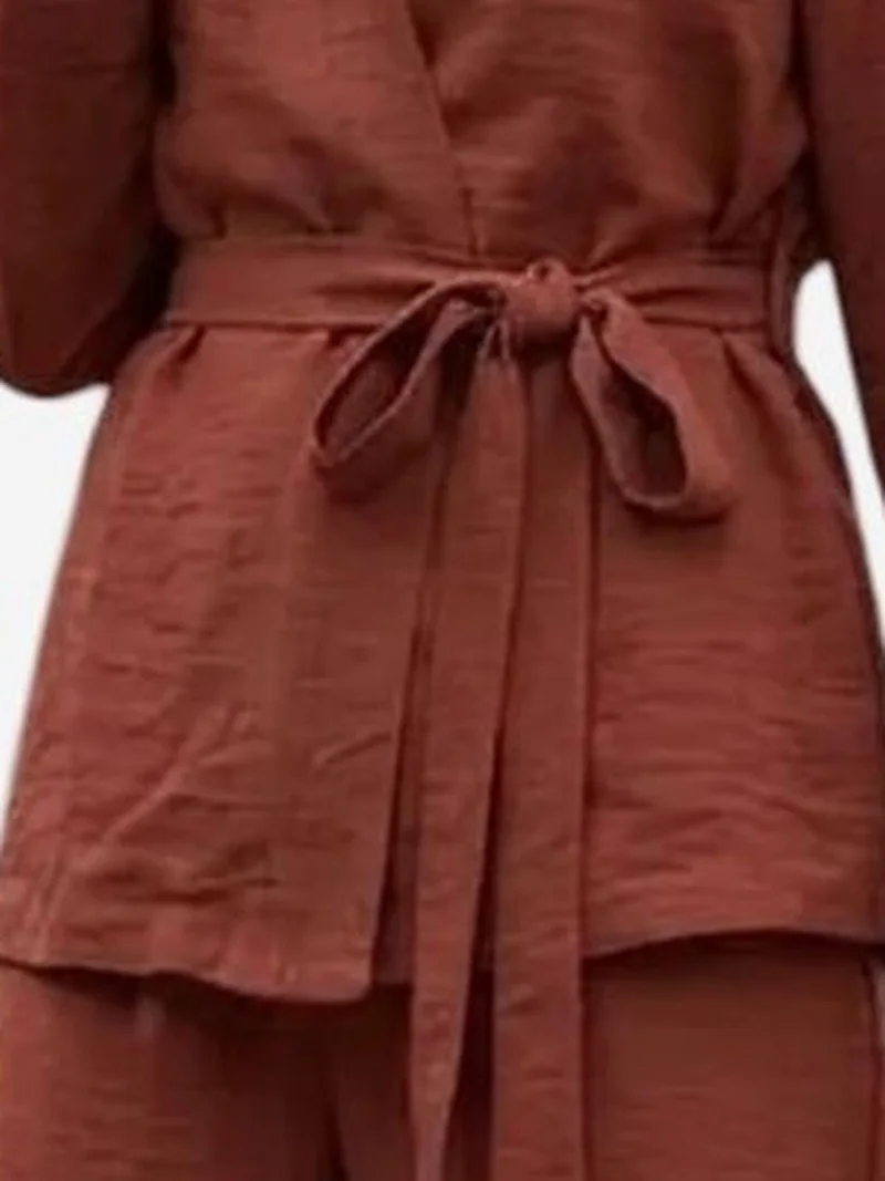 My Fashion Brick Red MY FASHION Belted V-neck Long Sleeve Two-Piece Set for Women | Best Price UAE