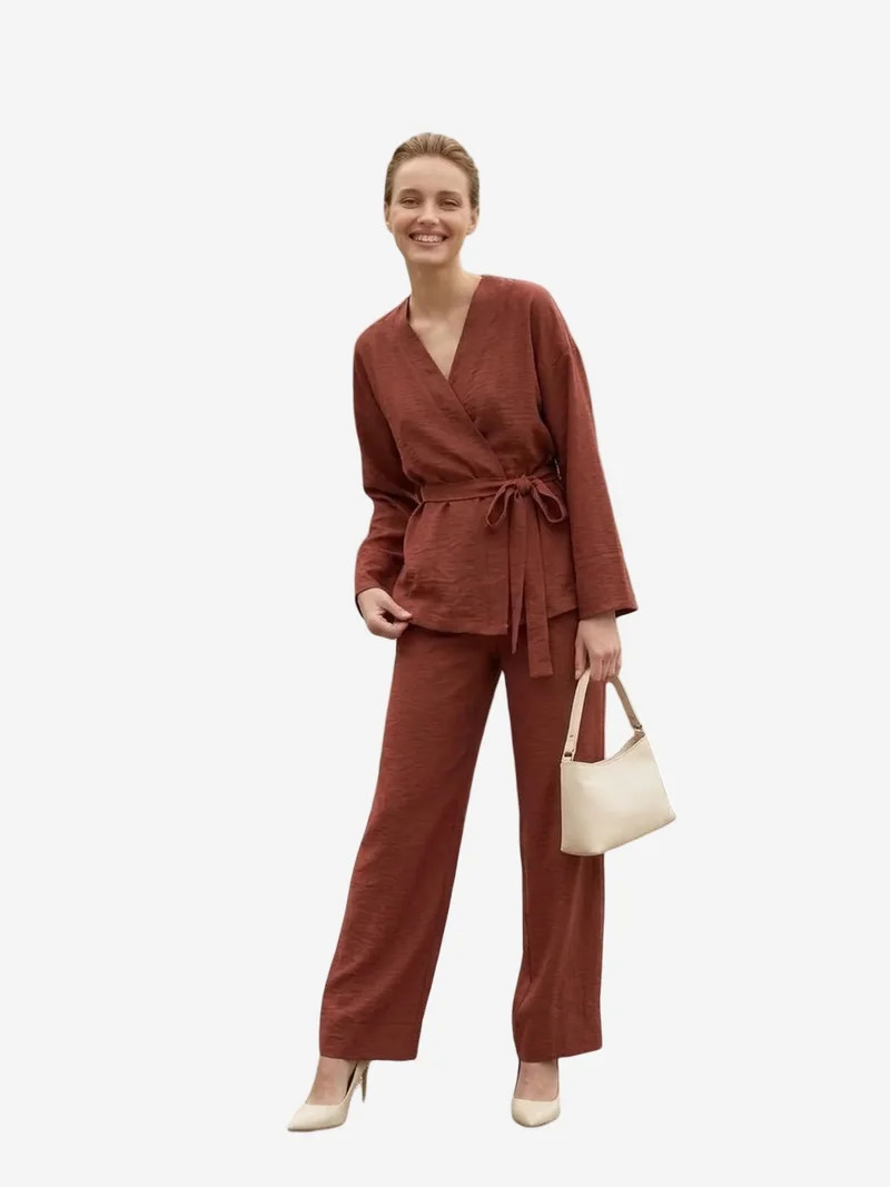 ماي فاشن MY FASHION Belted V-neck Long Sleeve Two-Piece Set