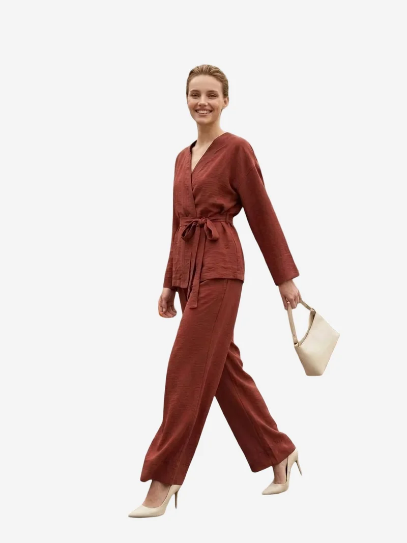 My Fashion Brick Red MY FASHION Belted V-neck Long Sleeve Two-Piece Set for Women | Best Price UAE