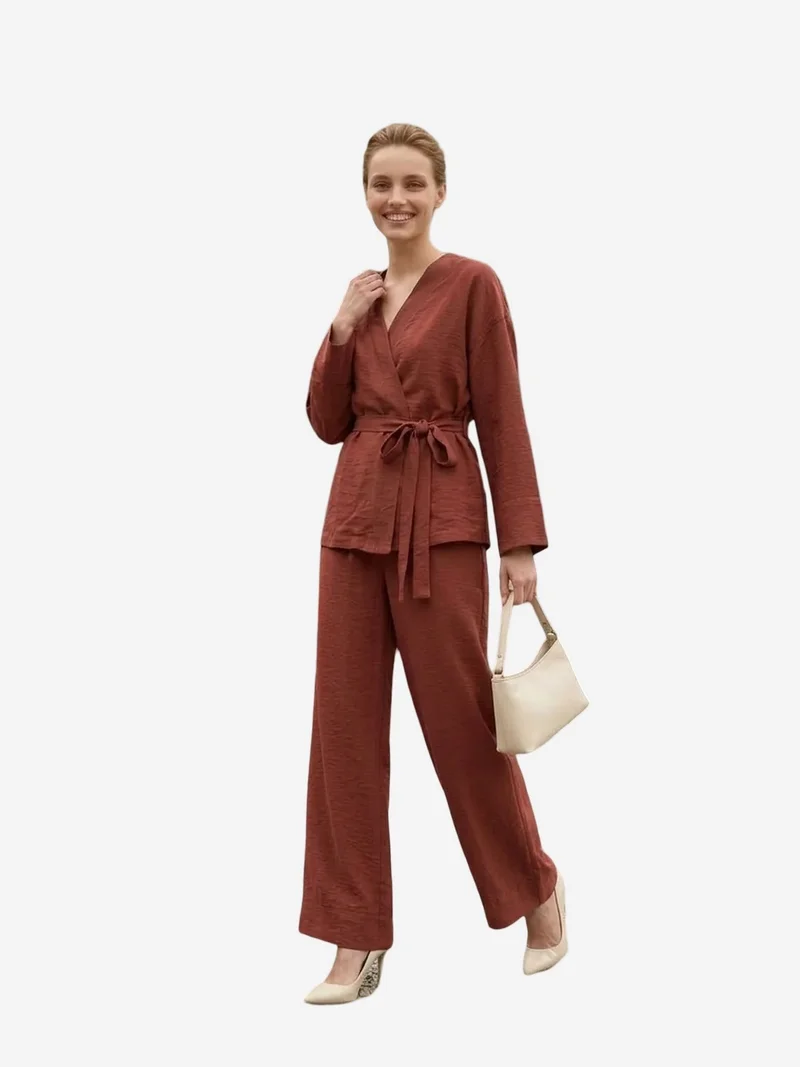 My Fashion Brick Red MY FASHION Belted V-neck Long Sleeve Two-Piece Set for Women | Best Price UAE