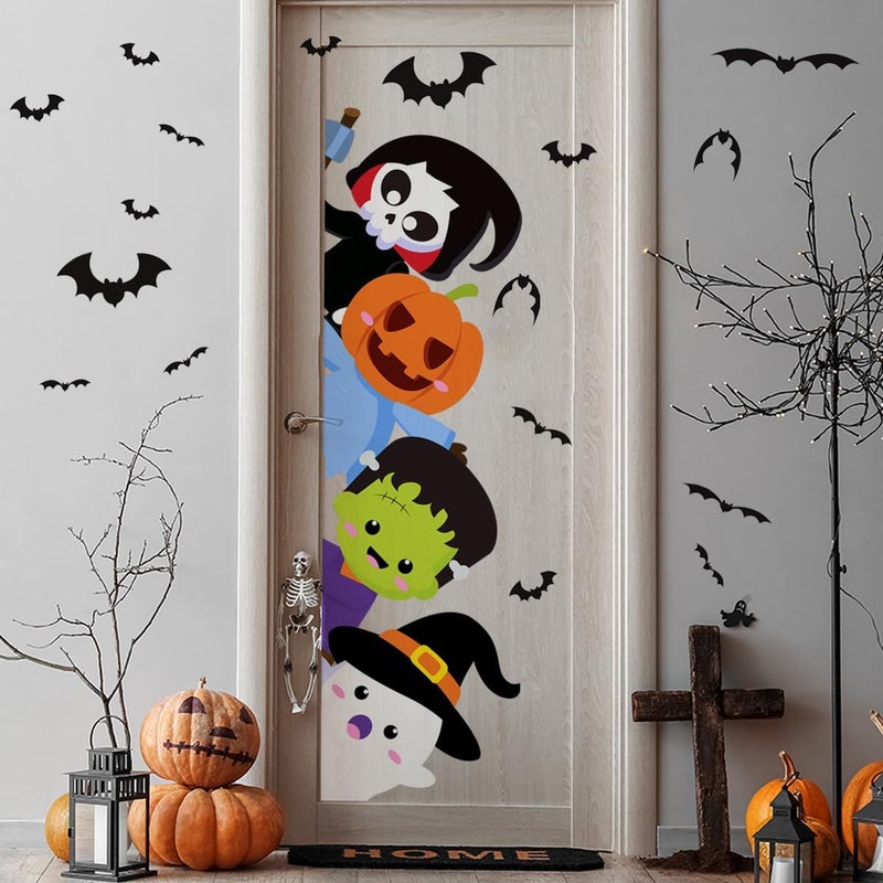 Demonwer Halloween Cute Door Stickers Witch Mummy Green Monster (Halloween-2, 44.88x15.75 Inch) - Image 1