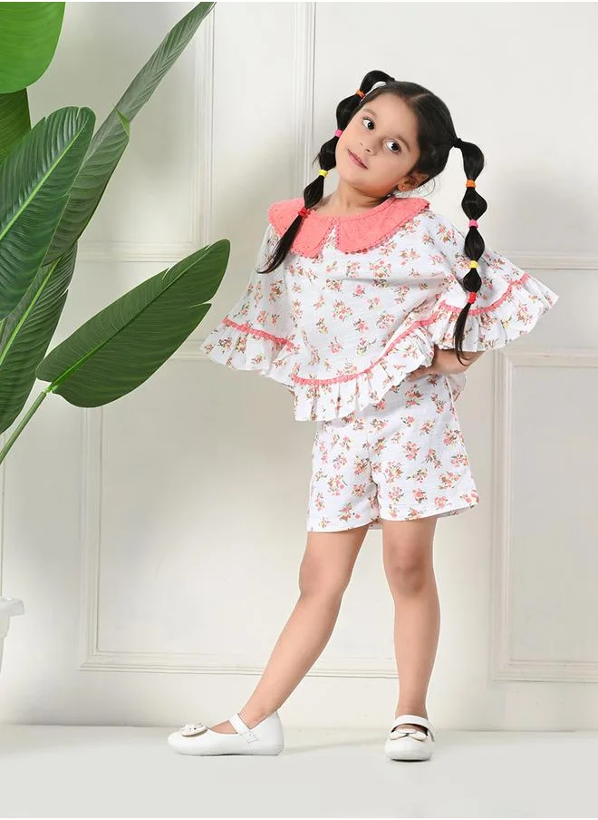 بيلا مودا Bella Moda Printed Ruffled Hem Round Neck Top and Shorts Set