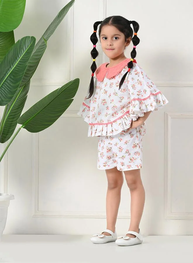 BELLA MODA Bella Moda Printed Ruffled Hem Round Neck Top and Shorts Set