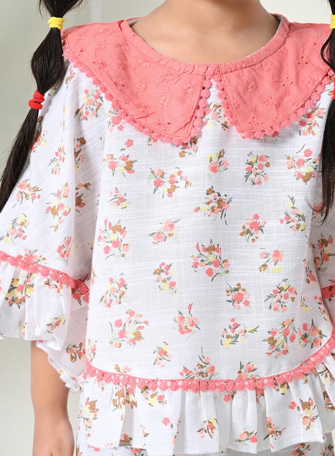 بيلا مودا طقم بيلا مودا بلوزة بياقة مستديرة وشورت بطبعات وحافة مكشكشة - Image 3