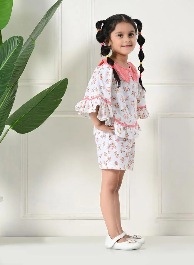 BELLA MODA Bella Moda Printed Ruffled Hem Round Neck Top and Shorts Set