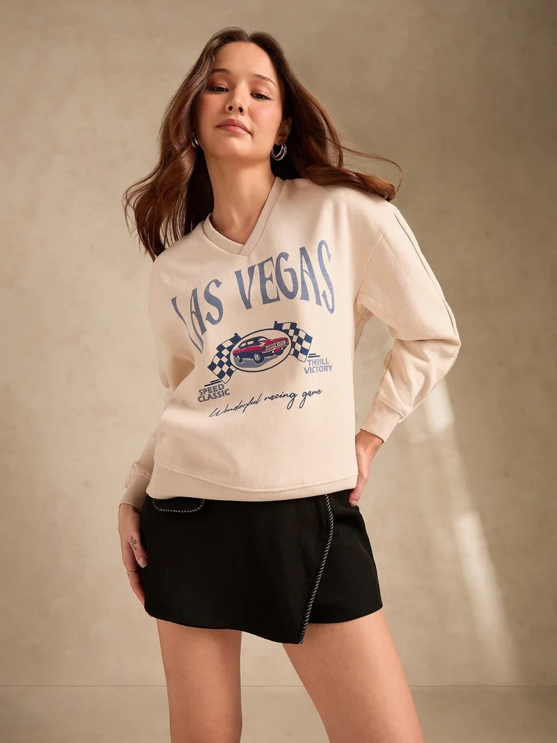 Outzidr  Cream Retro Racing Graphic Russian Fleece Pullover for Women | Best Price UAE