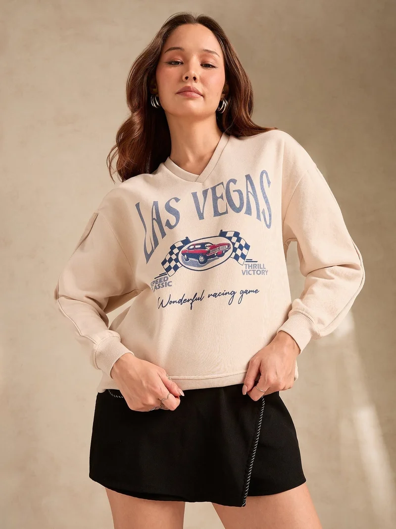 Outzidr  Cream Retro Racing Graphic Russian Fleece Pullover for Women | Best Price UAE