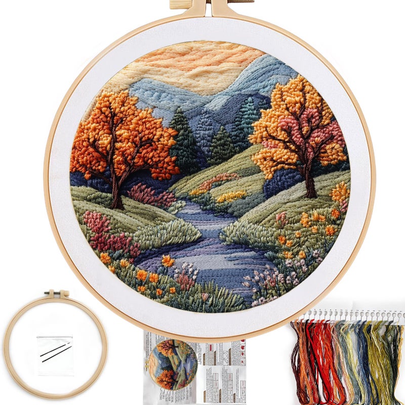 FONNUY Embroidery Kit for Beginners, Boho Nature Landscape Pre-Stamped Pattern Kits for Adults with Hoop, Easy to Follow Color Thread Needlework, 8'' Hoop (Mountain Trail) - Image 1