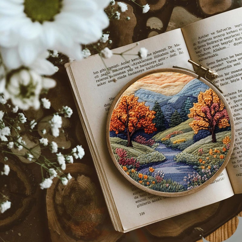 FONNUY Embroidery Kit for Beginners, Boho Nature Landscape Pre-Stamped Pattern Kits for Adults with Hoop, Easy to Follow Color Thread Needlework, 8'' Hoop (Mountain Trail) - Image 5
