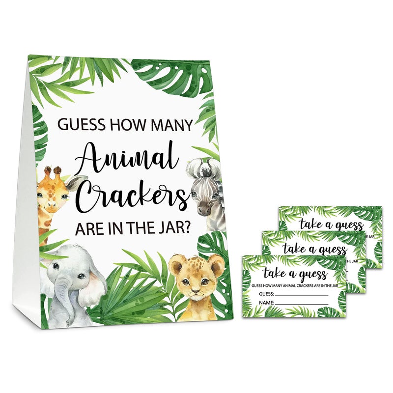 ISOVF Guess How Many Animal Crackers Baby Shower Game, Jungle Animal, Safari Theme Baby Shower Game - 1 Standing Sign and 50 Cards for Gender Neutral-LK-D05 - Image 1