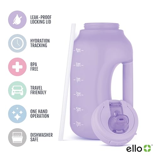 Ello Hydra 64oz Half Gallon Water Jug with Handle and Motivational Time Markers for All Day Hydration, Plastic Reusable Water Bottle with Straw and Locking, Leak Proof Lid, BPA Free, Lilac - Image 3