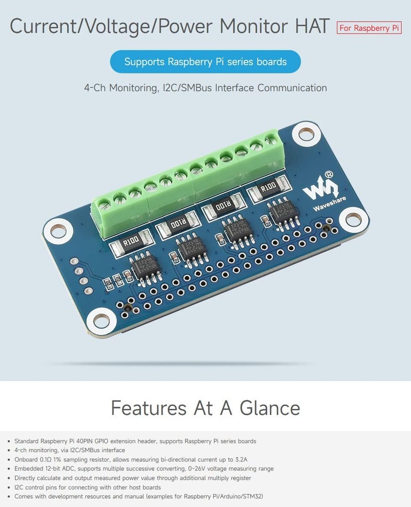 Waveshare 4-ch Current/Voltage/Power Monitor HAT for Raspberry Pi with I2C/SMBus Interface - Image 5