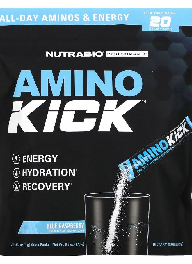 NutraBio Amino Kick Blue Raspberry 20 Stick Packs 0.32 oz (9 g) Each 