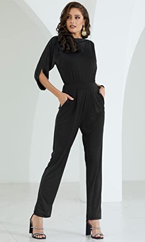 KOH KOH Plus Size Womens Short Sleeve Sexy Formal Cocktail Casual Cute Long Pants One Piece Fall Pockets Dressy Jumpsuit Romper Long Leg Pant Suit Suits Outfit Playsuit, Black 2XL 18-20 - Image 3
