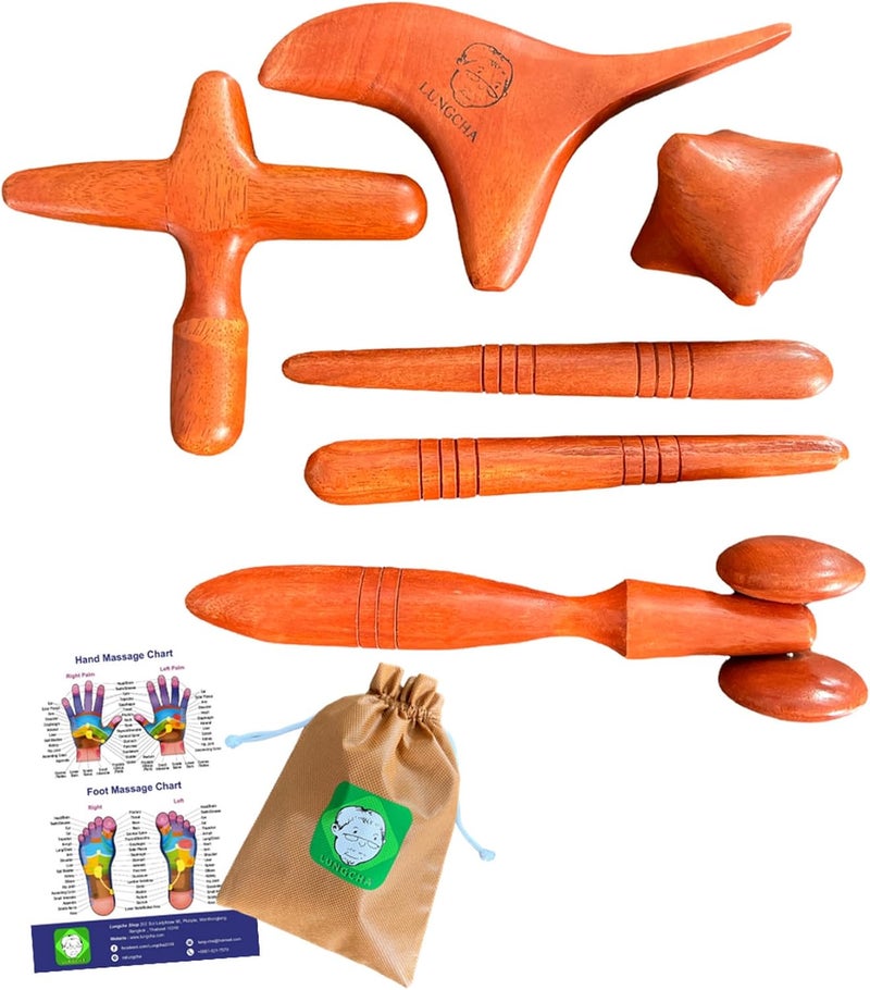 Lungcha 5 Types 6 Piece Set  Traditional Thai Massage Reflexology Stick Tool with The Usage Guide and Tools Bag Set of 5 Types Full Body Massage - Image 1