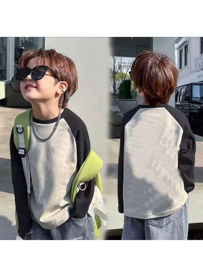Cotton Boys' Raglan Sleeve Long Sleeve Tspring & Fall New Style Medium And Large Children's Splicing Contrasting Color Round Neck Bottoming Shirt