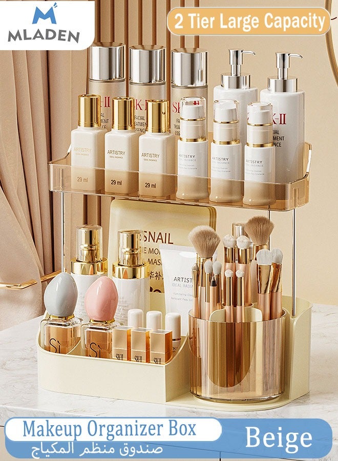 MLADEN 360 Rotating Makeup Organizer 2 Tier Large Capacity Makeup Storage Box with Brush Holder Multi-functional Cosmetics Jewelry Storage Box Desktop Dressing Table - Image 1